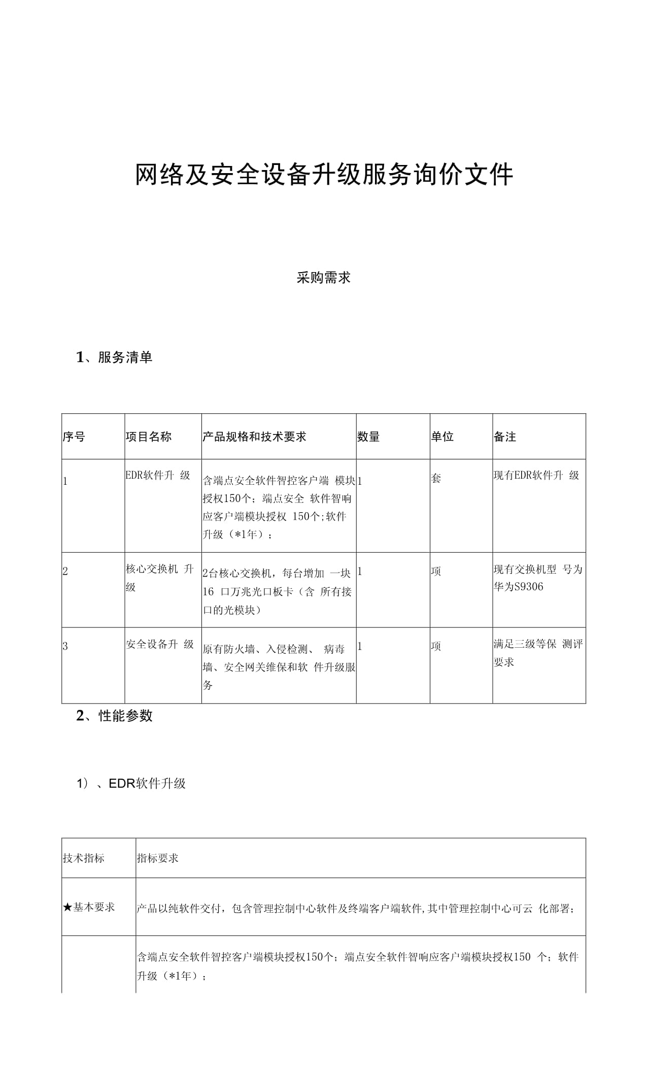 網(wǎng)絡(luò)及安全設(shè)備升級(jí)服務(wù)詢價(jià)文件